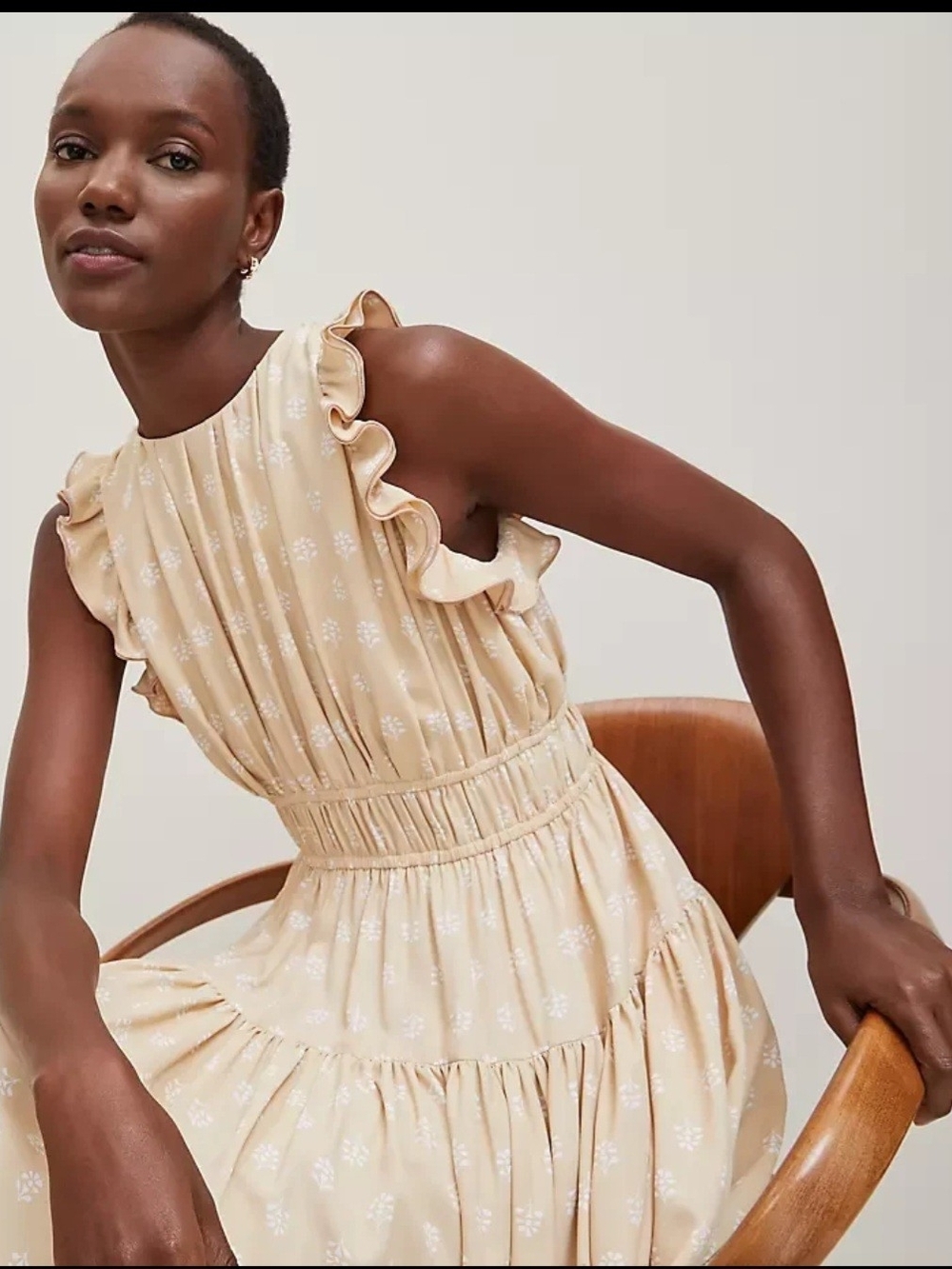 Ann Taylor Cream Floral Ruffle Midi Dress